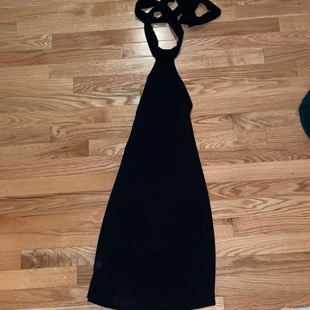 Black open back halter dress